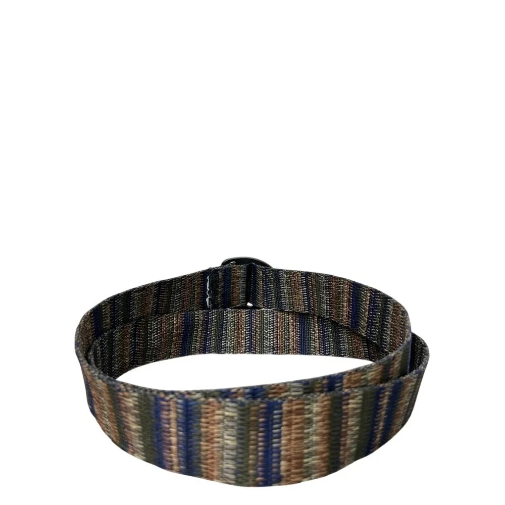 LL Bean Bison Designs Webbing Belt Mens Blue Brown Striped D-Ring Buckle 48 Inch